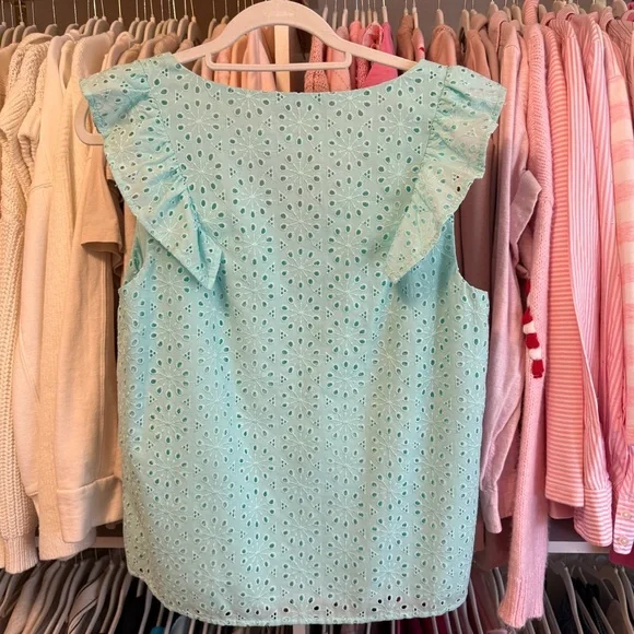 Lilly Pulitzer Aqua Blue Eyelet Ruffle V-Neck Lina Top - Picture 3 of 4